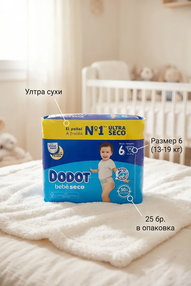 Памперси Dodot Bebé Seco размер 6 – 25 бр., 13-19 кг | испански №1, внос